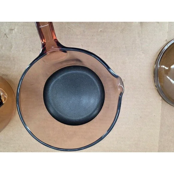 Vintage Vision Corning Sauce Pan Pot w/Pyrex Lid Amber Glass Cookware 2 of